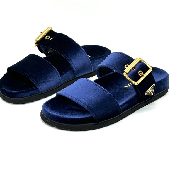 PRADA Triangle Logo Double Dual Band Velvet Flat Slide Dad Sandals Shoes - Picture 12 of 15